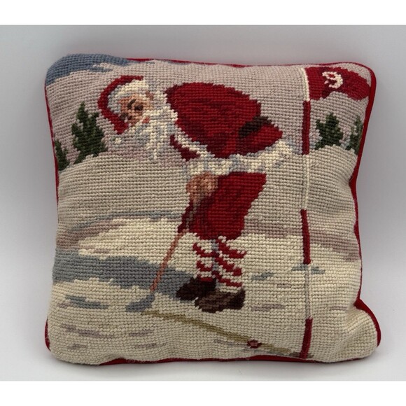Vtg Needlepoint Pillow Santa Golfing 9" Sq Red Velvet Backing Christmas Decor - Picture 13 of 14